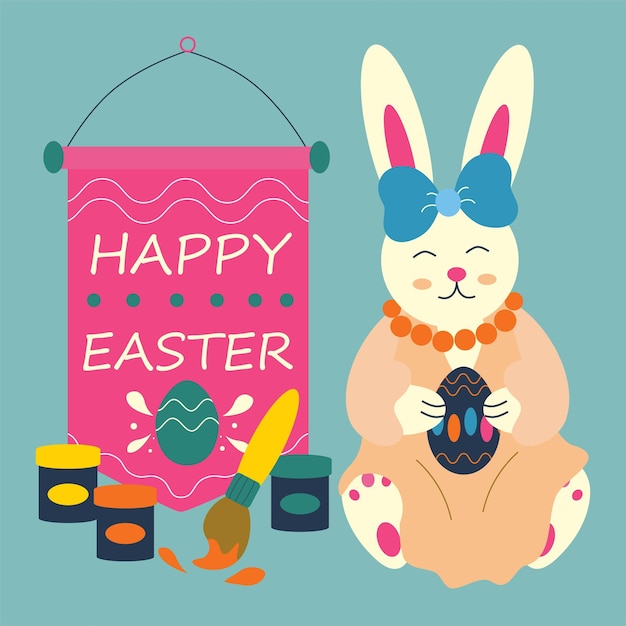 Easter bunny with egg in paws paints with a brush text lettering Happy Easter