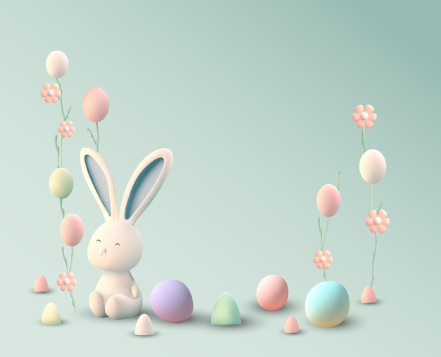 Easter bunny with egg spring season colorful vector traditional 3d background