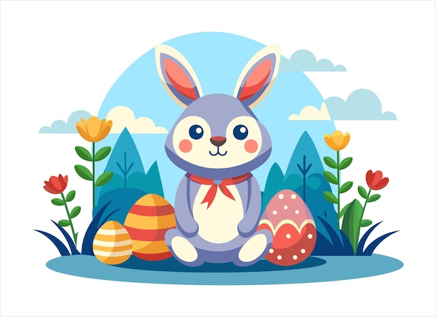 Vector easter bunny with eggs and flowers