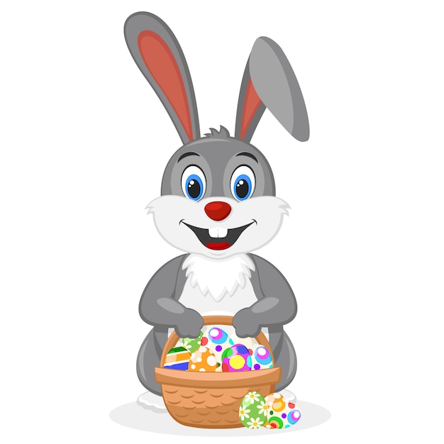 Пасхальный кролик с полной корзиной украшенных яиц на белом.