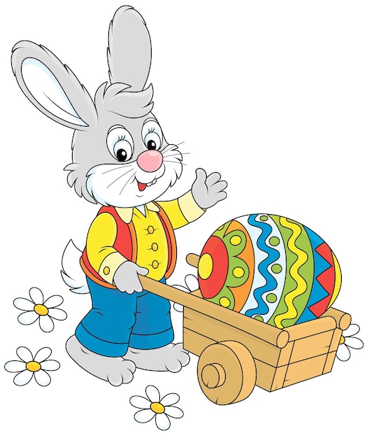 Easter bunny with a garden wheelbarrow and a colorfully decorated gift egg