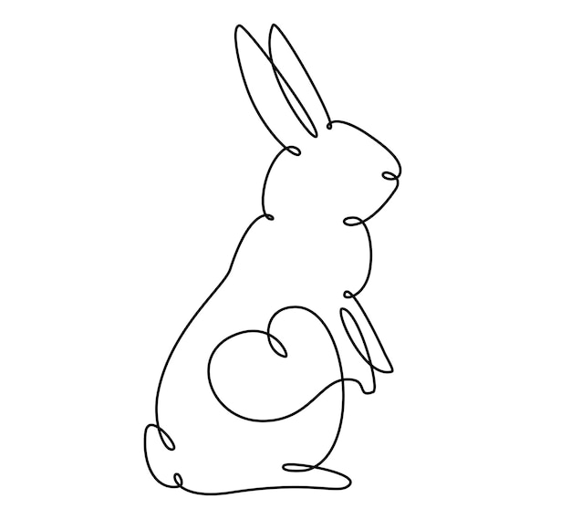 Coniglietto di pasqua con un disegno a tratteggio continuo del cuore immagine semplice del coniglio. illustrazione vettoriale minimalista.