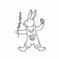 Vector easter bunny with a willow twig and an egg doodle hand drawn illustration in doodle style