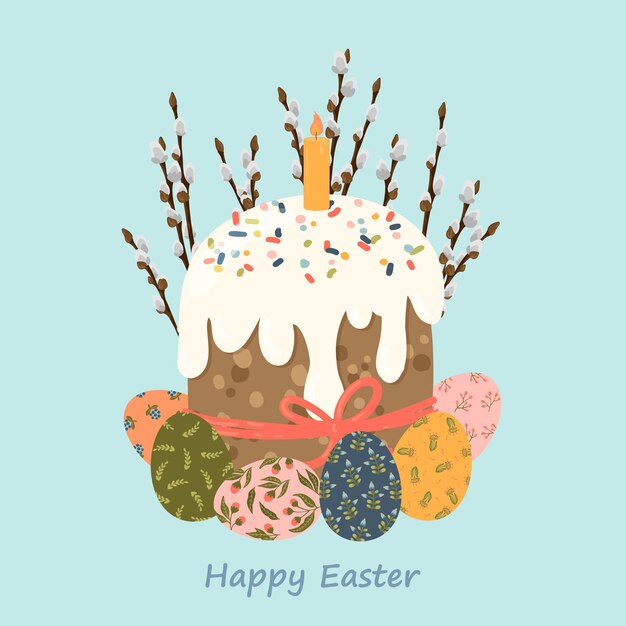 Uova di torta di pasqua e ramoscelli di salice con illustrazione vettoriale cartone animato candela biglietto d'auguri di buona pasqua