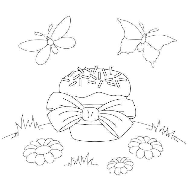 Easter cake with bow on the meadow coloring page vector illustration