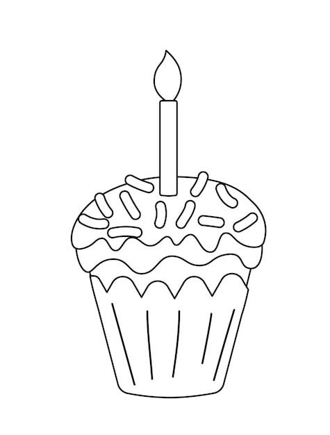 Easter cake with burning candle Coloring page Black and white cupcake Vector