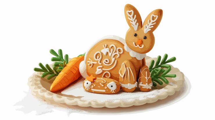Vector easter cake with gingerbread in shape of bunny easter eggs and flowers