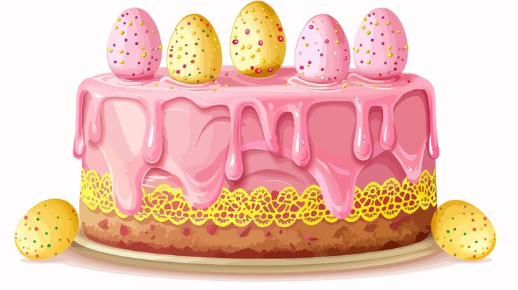 Vector easter cake with pink icing and yellow lace