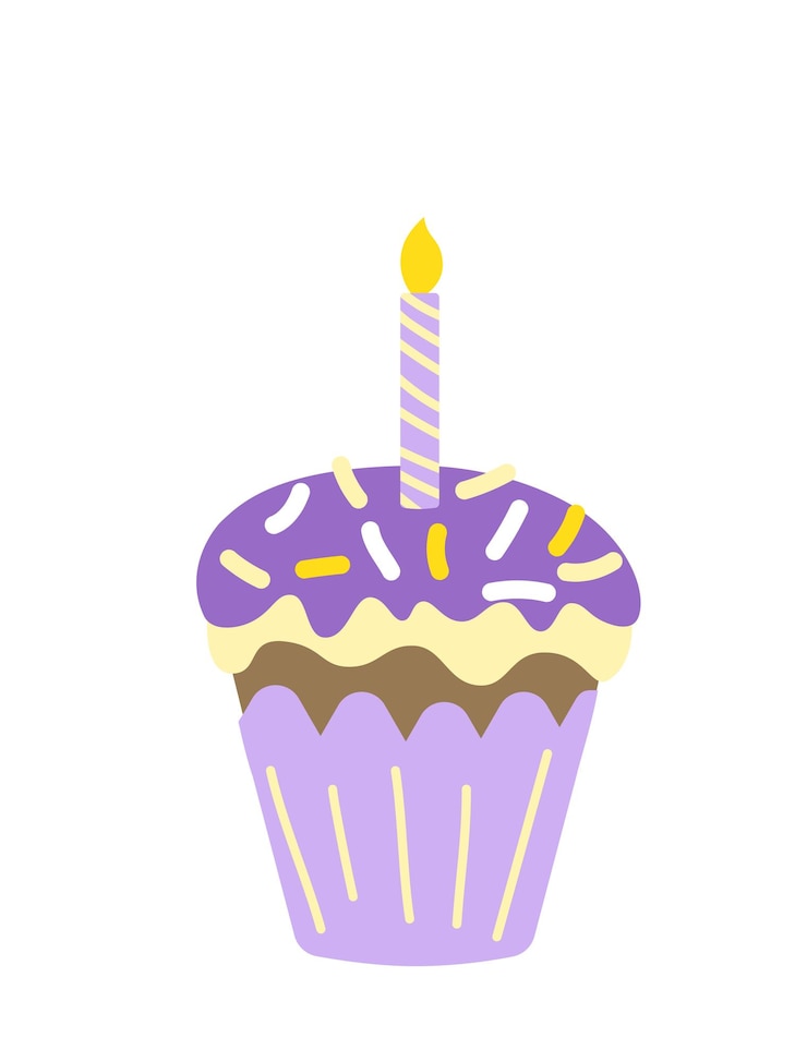 Vector easter cake with violet glaze sprinkle candle colorful cupcake flat isolated