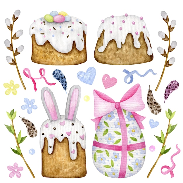 Easter cakes and egg watercolor clipart set. Collection traditionalhand drawn elements for Easter celebrate party