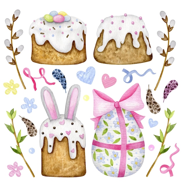 Vettore set di clipart ad acquerello di torte pasquali e uova. collezione di elementi tradizionali disegnati a mano per la festa di pasqua