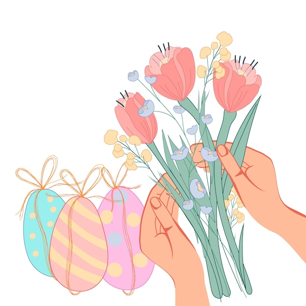 Easter card or banner backdrop with colored eggs and hands holding flowers