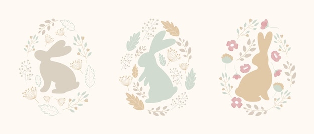 Vector easter card, banner with rabbits, eggs, flowers. easter eggs with a pattern of flowers in folk style