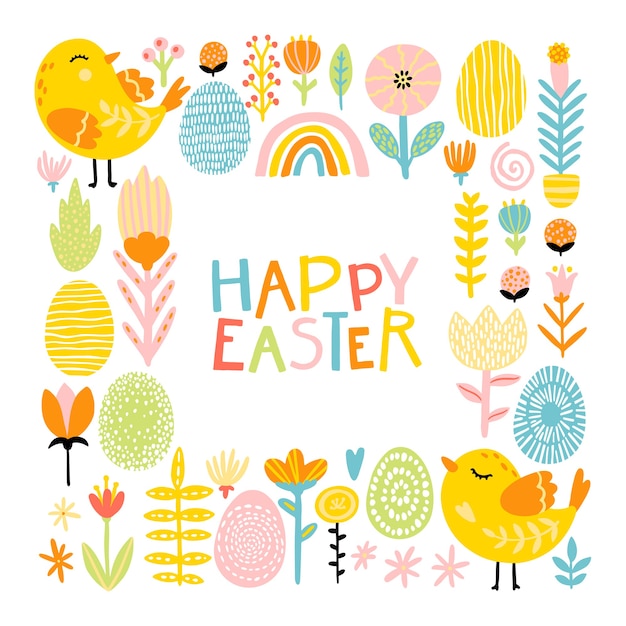 Easter card. cute cartoon birds in a frame of flowers and easter eggs. comic lettering phrase with a rainbow in a colorful palette.