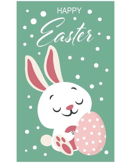 Easter card cute cheerful white bunny with a painted egg on a green background with dots