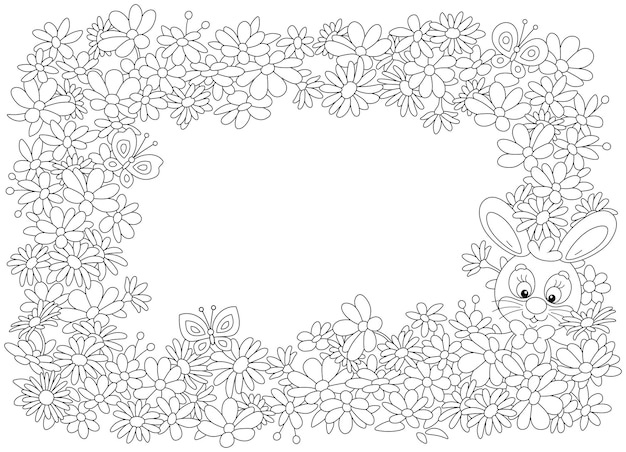 사랑스러운 작은 토끼 아름다운 꽃과 즐거운 나비와 함께 부활절 카드와 프레임 경계