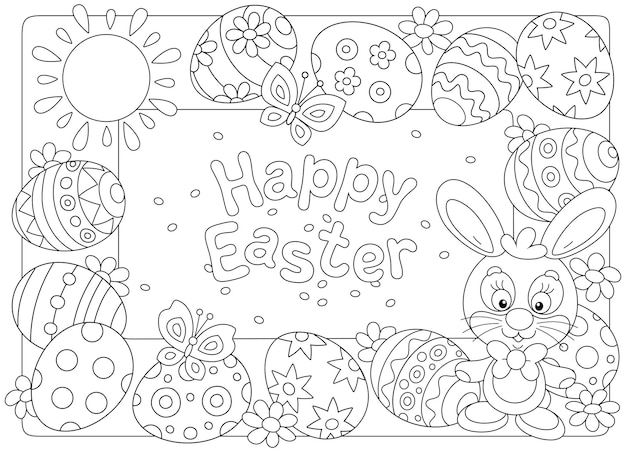 Easter card and frame border with a little bunny and painted gift eggs among flowers and butterflies