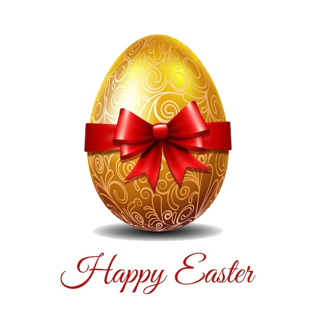 Easter card with bright gold easter egg tied of red ribbon with a big bow and text happy easter