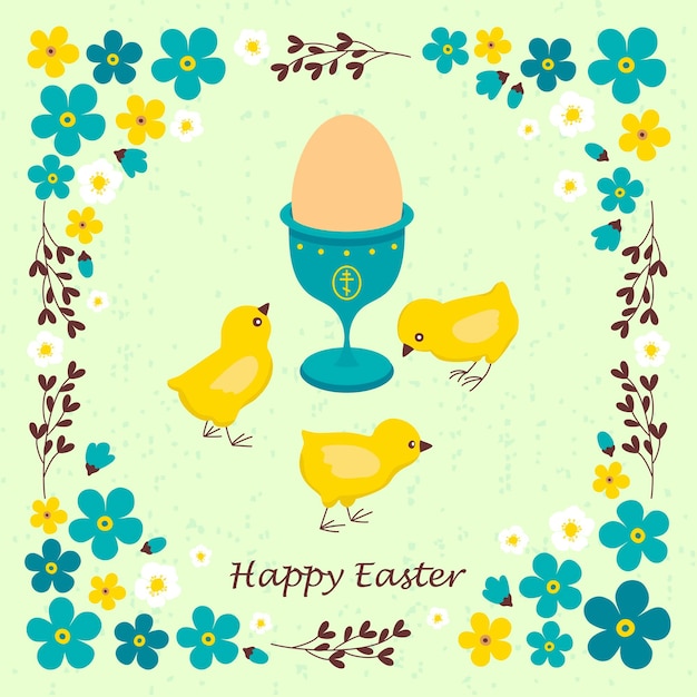 Easter card with chickens eggs and spring flowers