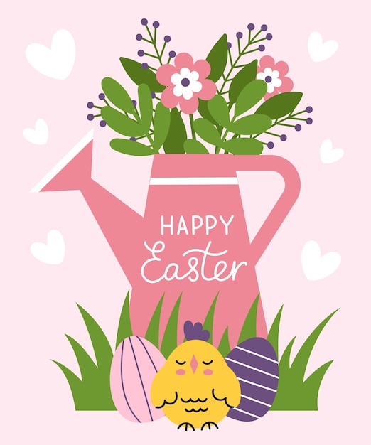 Easter card with a cute pink watering can with a bouquet of flowers a chick and painted eggs