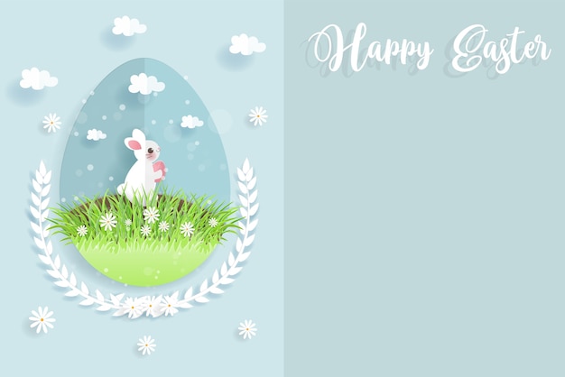 Carta di pasqua con coniglio carino in uno sfondo di forma di uovo