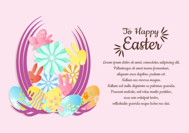 부활절 달걀과 봄 꽃, 나비와 토끼가 분홍색 배경 벡터 삽화에 있는 부활절 카드 텍스트를 위한 장소