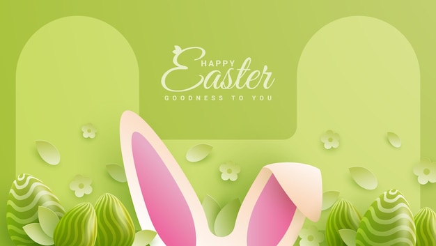 Vector easter card with egg shaped paper frame with spring flowers on green background