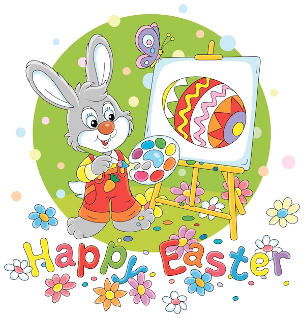 Easter card with a happy little bunny drawing a decorated gift egg on a pretty lawn with flowers