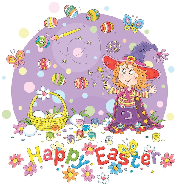 Easter card with a little fairy waving a magic wand and coloring gift eggs with a flying paintbrush