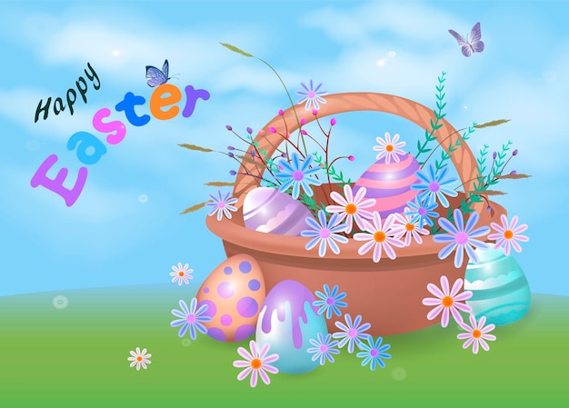 Easter card with painted eggs in a basket against a blue sky with clouds