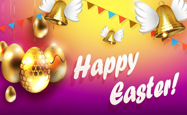 Easter card with painted golden eggs bells with wings