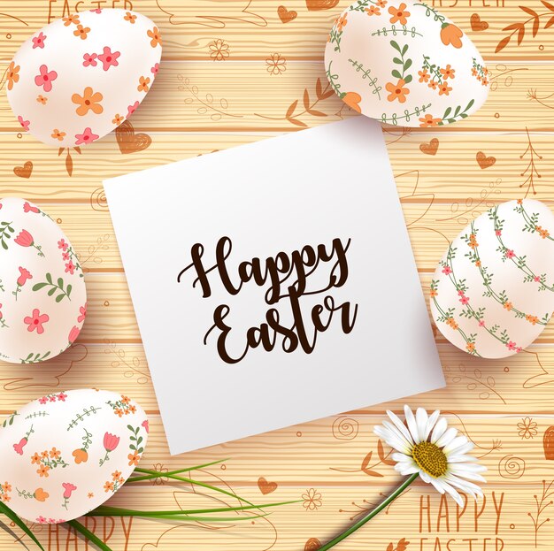Easter Card with realistic eggs and daisy flower 