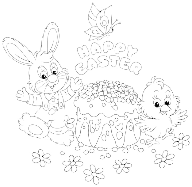 작은 토끼 병아리와 축제로 장식된 케이크가 있는 부활절 카드