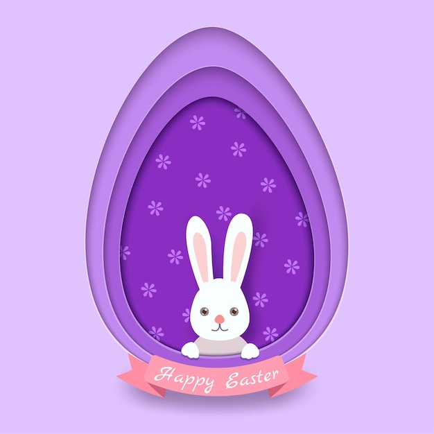 Vector easter card with white bunny and paper cut of eggs