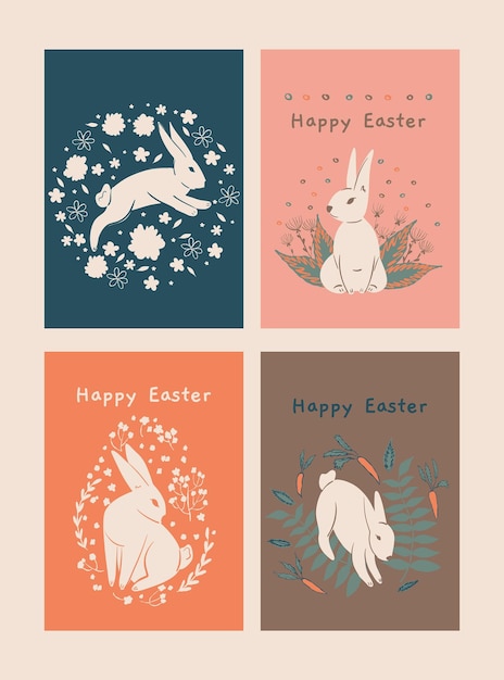 Easter cards set with hares leaf ornaments Easter concept Trendy composition Can be used as car