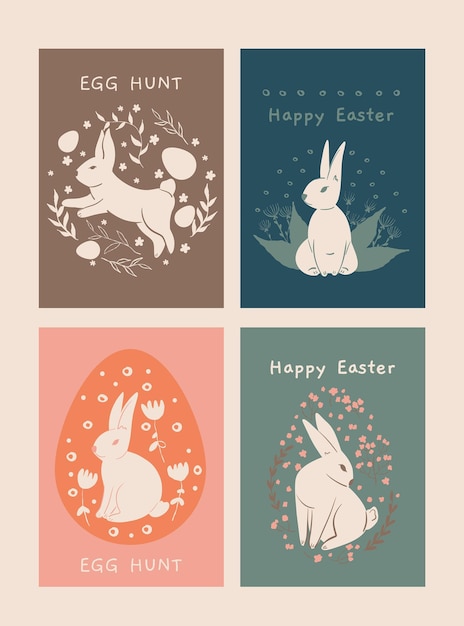 Easter cards set with hares leaf ornaments easter concept trendy composition can be used as car