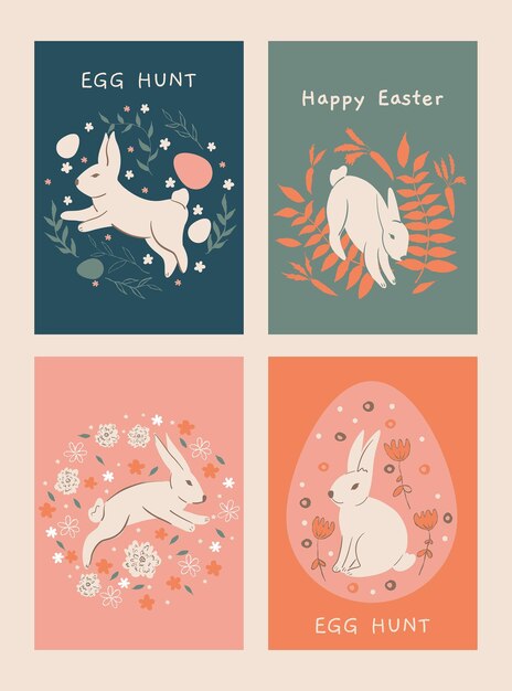 Easter cards set with hares leaf ornaments Easter concept Trendy composition Can be used as car