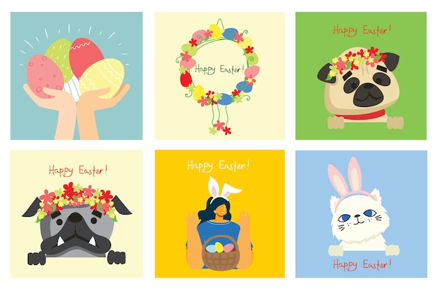 Easter cards with cats and dogs and spring flowers. Happy Easter in the flat style