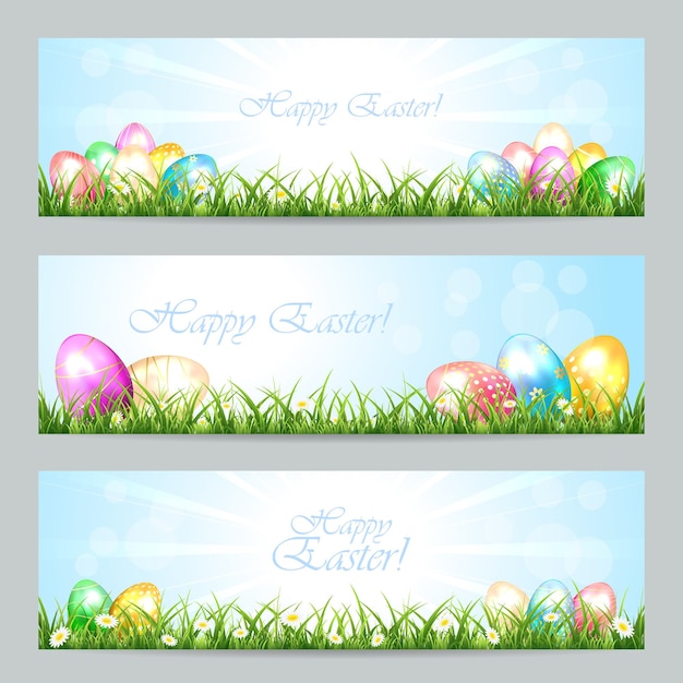 Easter cards with eggs in the grass and blue sky, illustration.