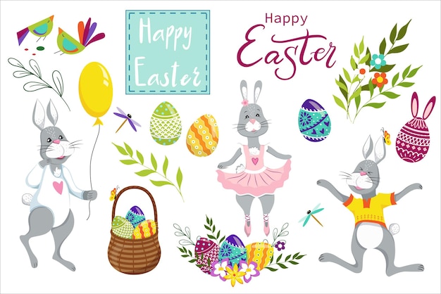 Easter cartoon set of characters and design elements Easter bunny chickens eggs and flowers