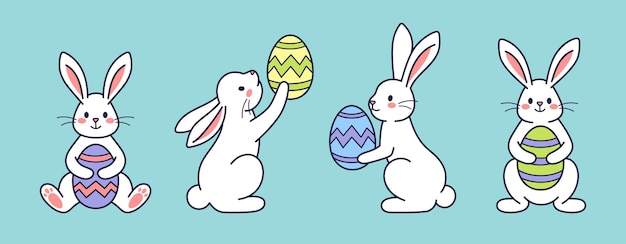 イースターキャラクターセット 絵の卵を描いたウサギウサギ ベクトル平面デザイン概要イラスト
