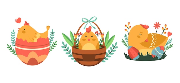 Vector easter chick and chicken stickers or labels