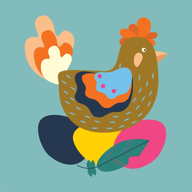 Easter chicken sits on eggs and feather Color vector illustration