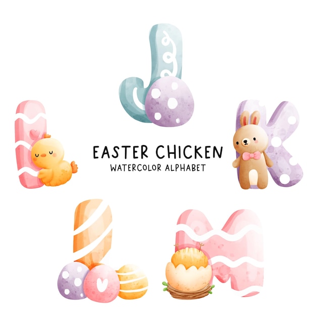 Easter chicken watercolor alphabet Vector illustration