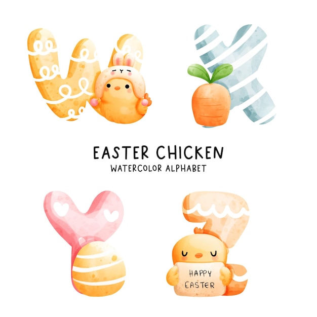 Easter chicken watercolor alphabet Vector illustration