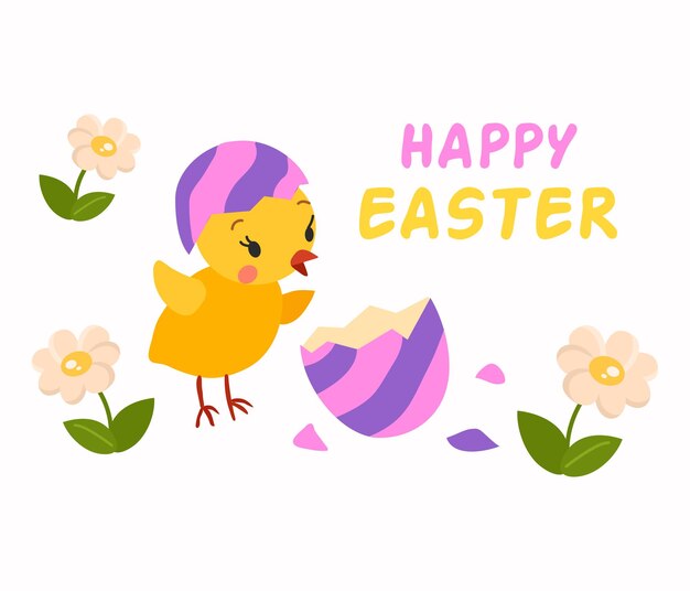 Easter chicken with eggs vector cartoon card illustration