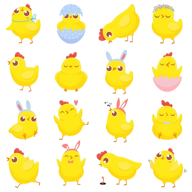 Vector easter chicks. spring baby chicken, cute yellow chick and funny chickens isolated cartoon  illustration set