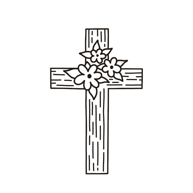 Easter christian cross with flowers isolated on white background Hand drawn illustration in doodle s