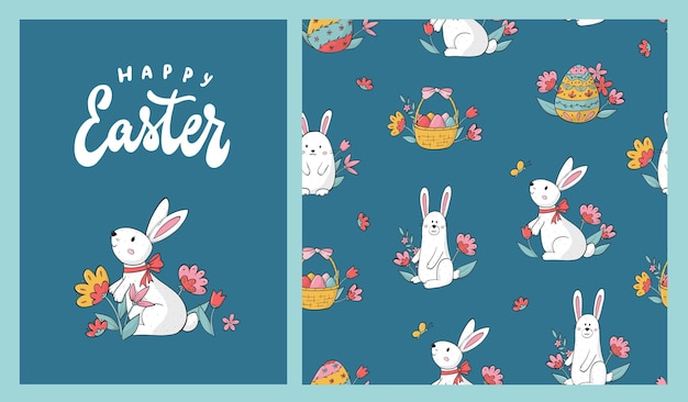 Пасхальная коллекция поздравительных открыток и бесшовный рисунок с кроликами, цветами и яйцами