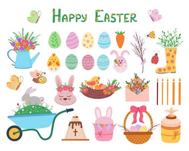 Easter color cartoon flat illustration object and cute characters set Illustration for backgrounds packaging greeting cards textile and seasonal design Isolated on white background